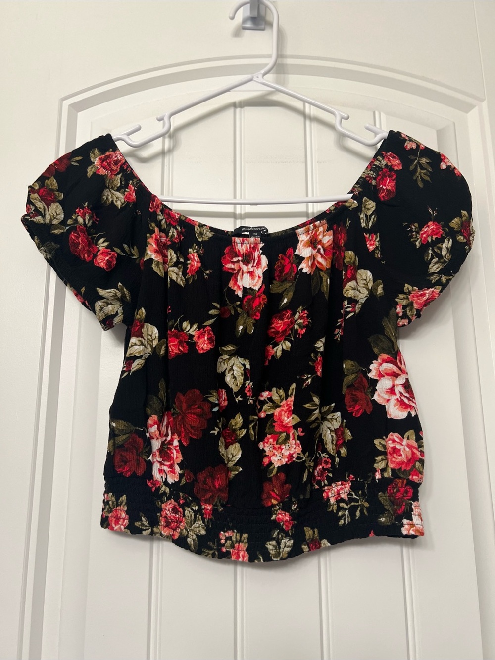 Ambiance Black Off-Shoulder Crop Top with Red & Pink Floral Print